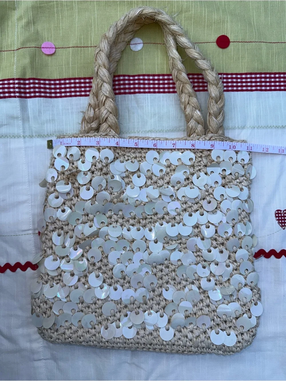 Hand made in Japan vintage walborg  Beige Sequin Straw Tote Bag - Lightweight